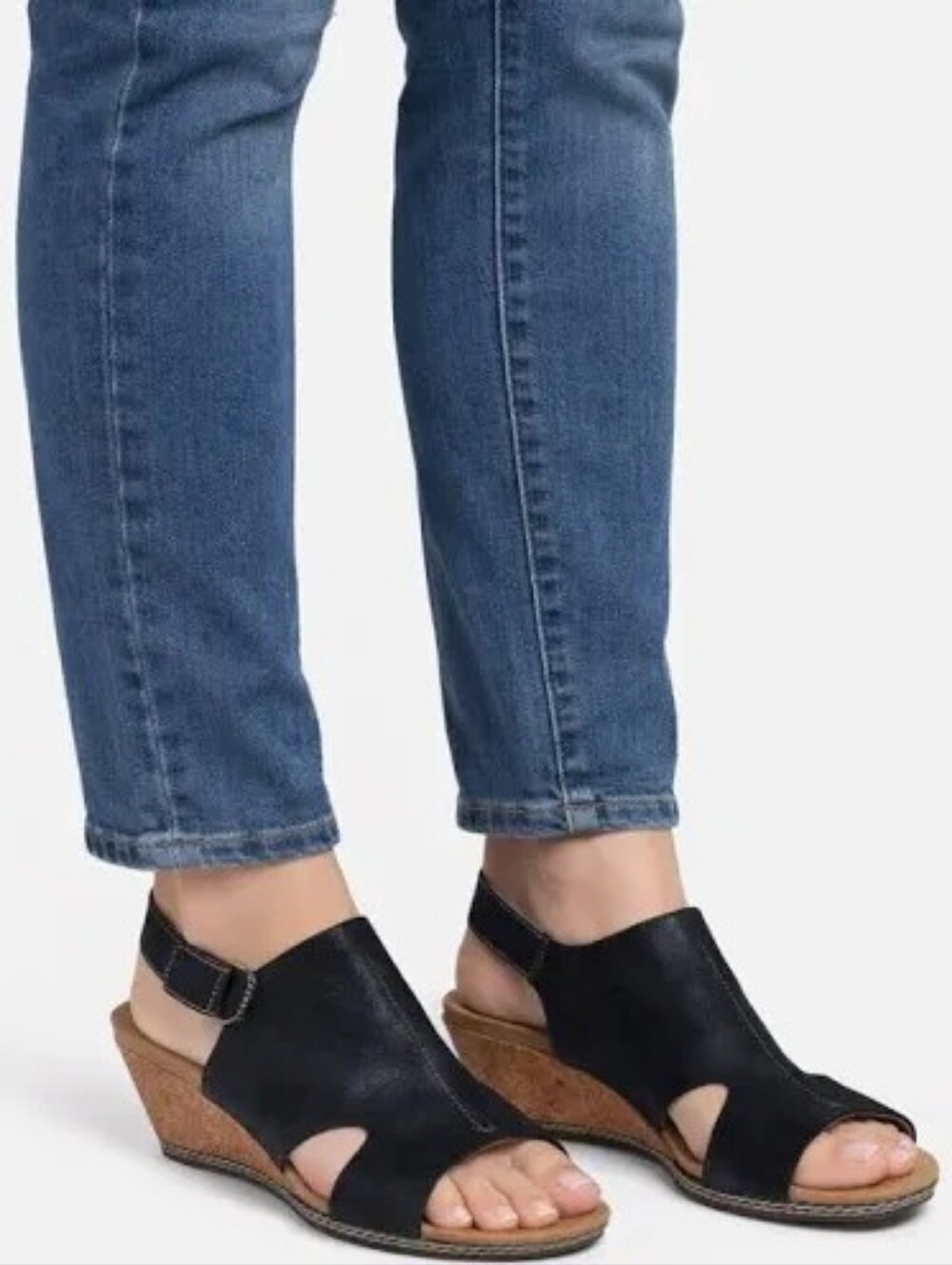 Clarks Helio Float Nubuck Black Leather Cork Wedge Slingback Sandals Sz 10
